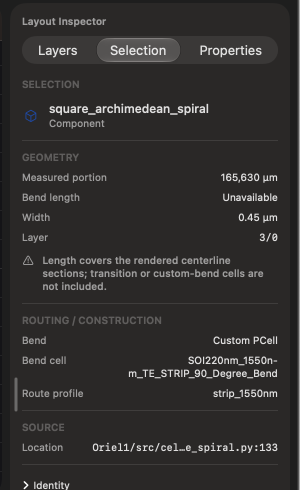 Layout Inspector selection and geometry: square_archimedean_spiral, measured portion 165,630 micrometers, width 0.45 micrometers, layer 3/0