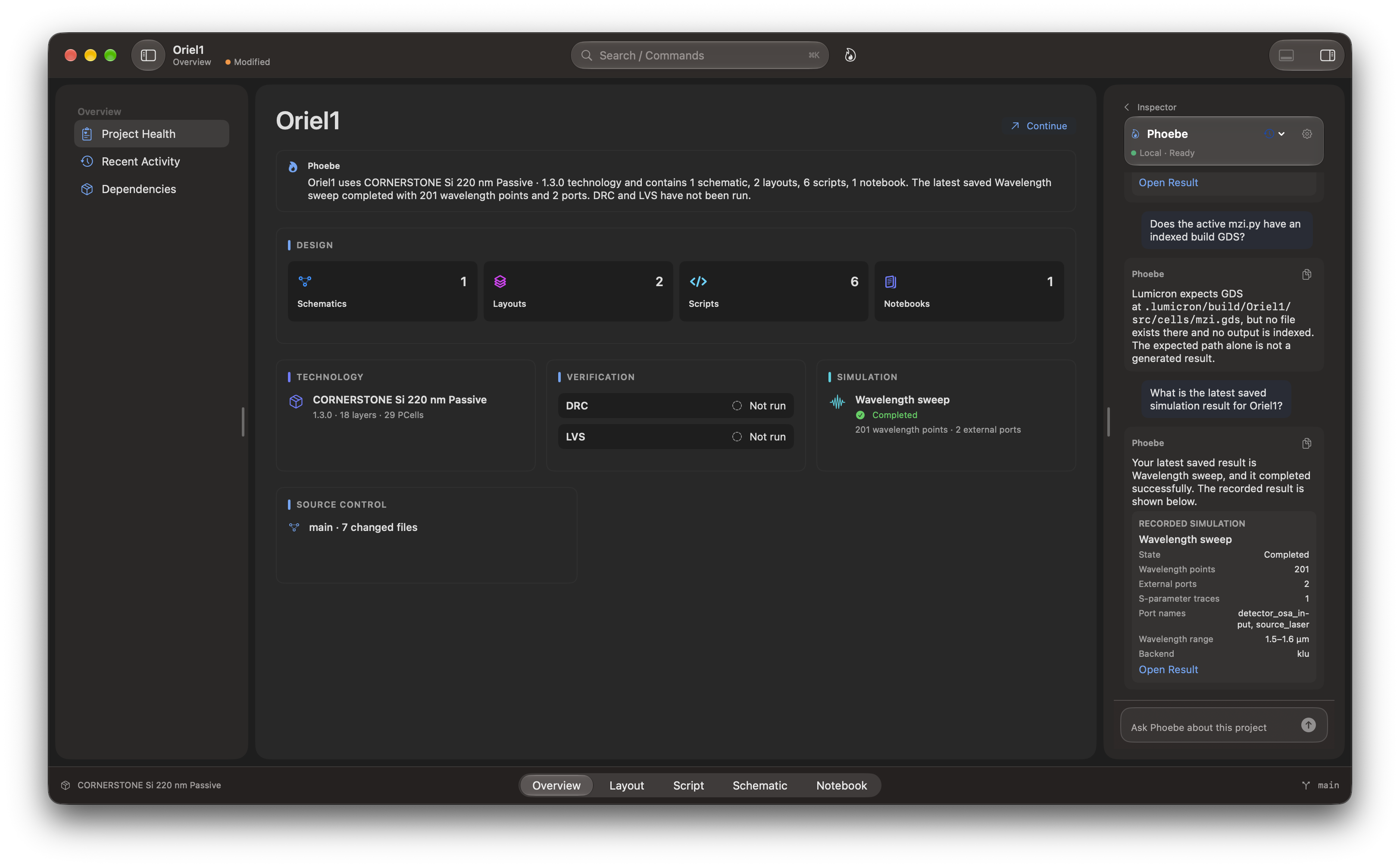 Oriel1 project overview showing its files, saved simulation, PDK, verification state, and Phoebe together